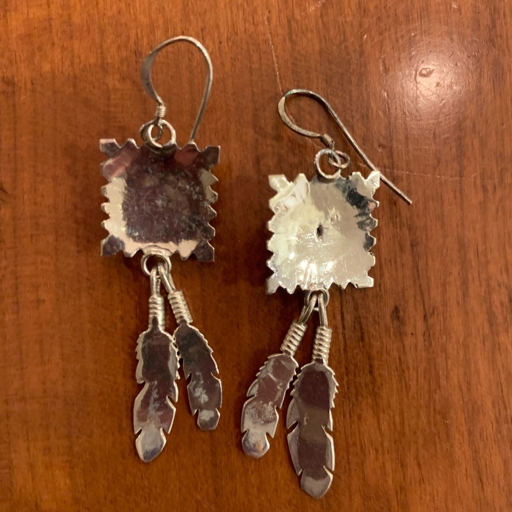 Silver and turquoise earrings with feather detail. - Picture 2 of 2